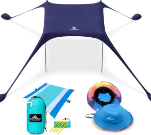 SUN NINJA Beach Tent Bundle with Beach Blanket and Beach Hat - UPF 50  Sun Protection, Easy Setup, Sand-Free, Lightweight & Portable for Outdoor, Camping, Picnics
