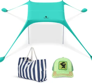SUN NINJA Beach Tent Bundle with XL Canvas Tote Bag and Trucker Hat - UPF 50  Sun Protection, Water-Resistant, Quick Setup, Stylish & Functional, Complete Beach Day Set