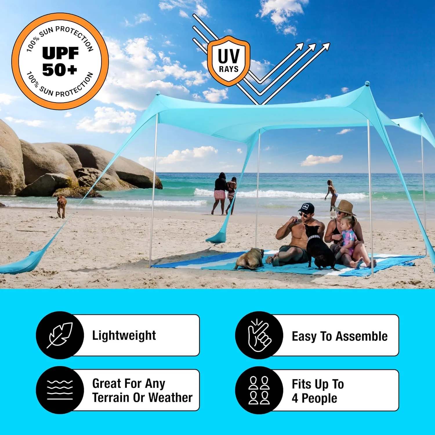 SUN NINJA Beach Tent Shelter with UPF50  Protection, Includes Sand Shovel, Ground Pegs, Stability Poles, Outdoor Pop Up Shade Canopy for Camping, Fishing, Backyard Fun