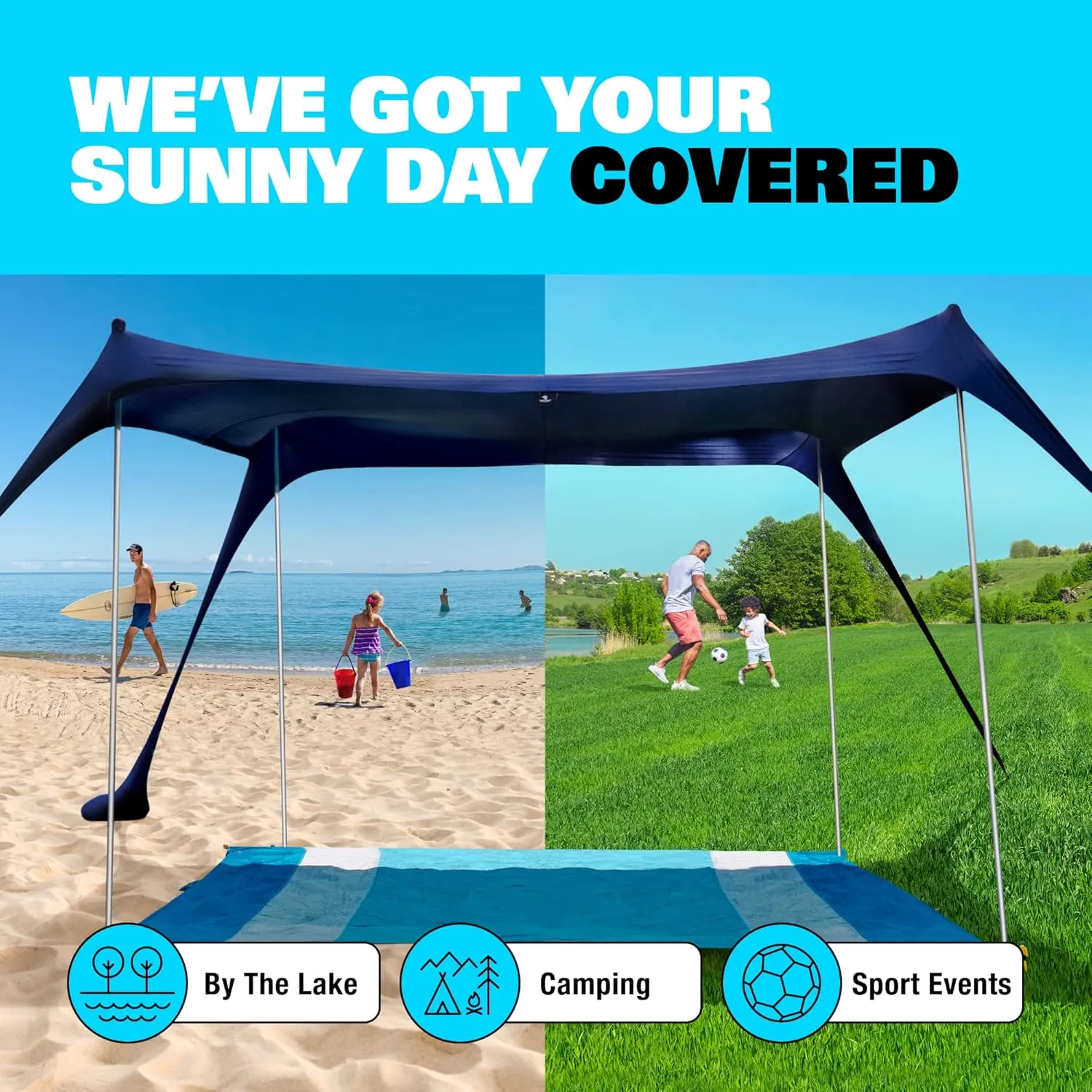 SUN NINJA Beach Tent Shelter with UPF50  Protection, Includes Sand Shovel, Ground Pegs, Stability Poles, Outdoor Pop Up Shade Canopy for Camping, Fishing, Backyard Fun