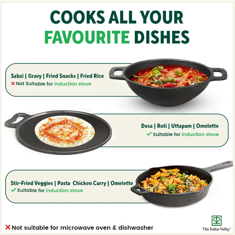 Super Smooth Cast Iron Set: Free ₹400 Tadka Pan  Frypan  Kadai  Tawa, Kitchen set for Home, Nonstick, 100% Pure,Toxin-free
