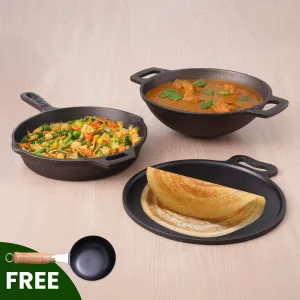 Super Smooth Cast Iron Set: Free ₹400 Tadka Pan  Frypan  Kadai  Tawa, Kitchen set for Home, Nonstick, 100% Pure,Toxin-free