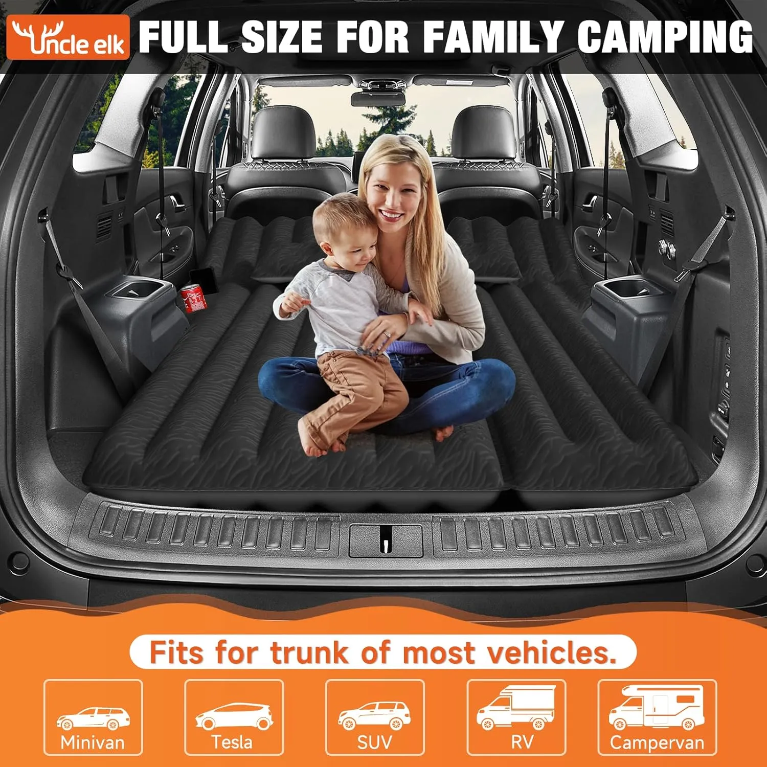 SUV Air Mattress: Inflatable Car Air Mattress for Camping, Flocking Car Bed with Air Pump & 2 Pillows, Portable Sleeping Pad Mattress for Home Car Travel Camping Black