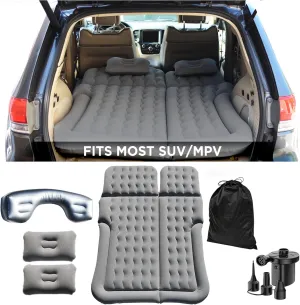 SUV Queen Air Mattress Bed - Inflatable Car Sleeping Pad for Camping, Sleeping Or Travel - Small Air Pump, 2 Pillows, Gap Filler - Back Seat Truck Blow Up Day Bed - Folding Full Colchones Queen - Grey