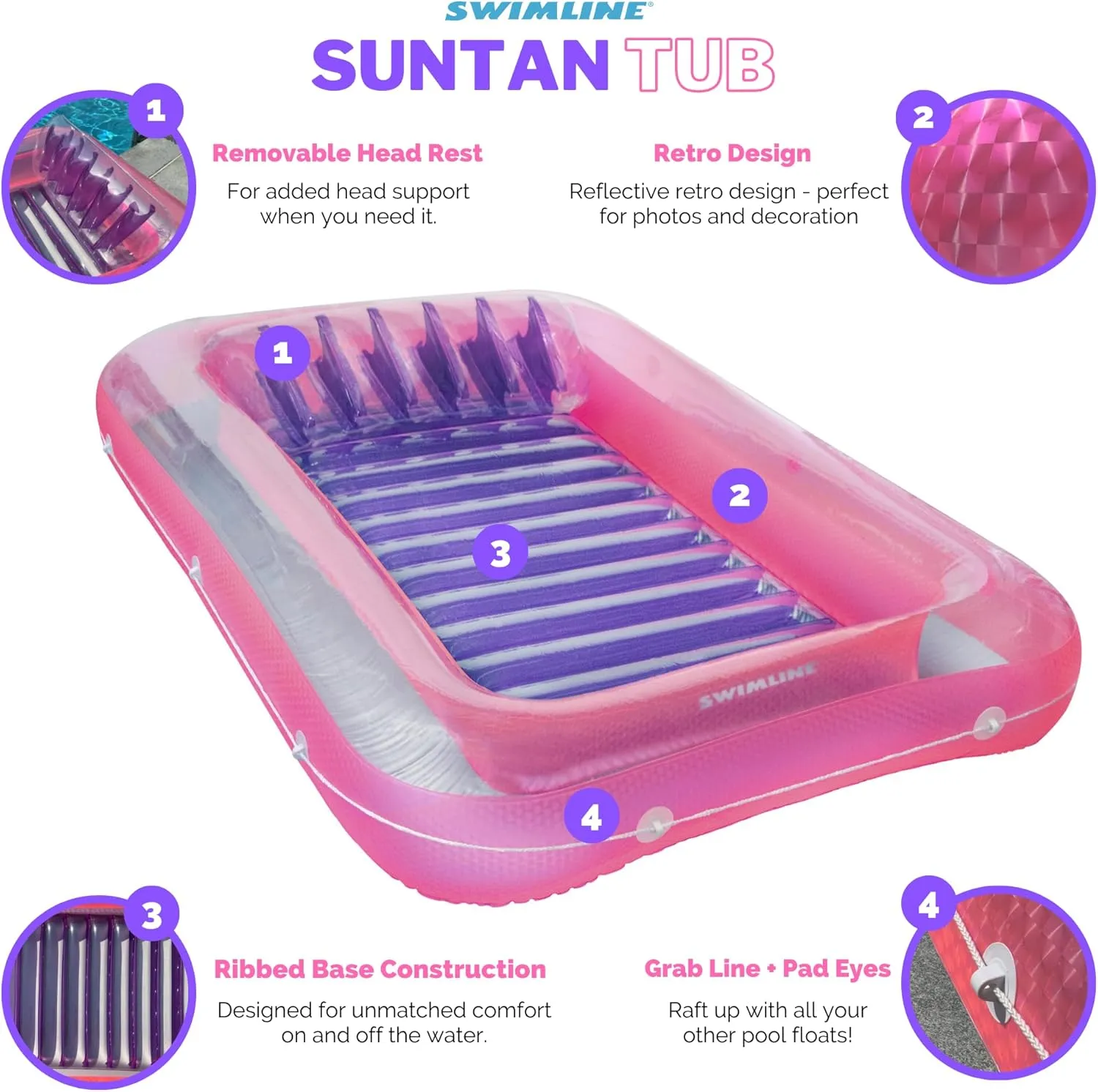 SWIMLINE Original Suntan Tub Series Classic Inflatable Tanning Float Floating Lounge | Personal Tan Pool Hybrid Lounger | Adjustable Pillow | Fill with Water | Reflective Tanning Design