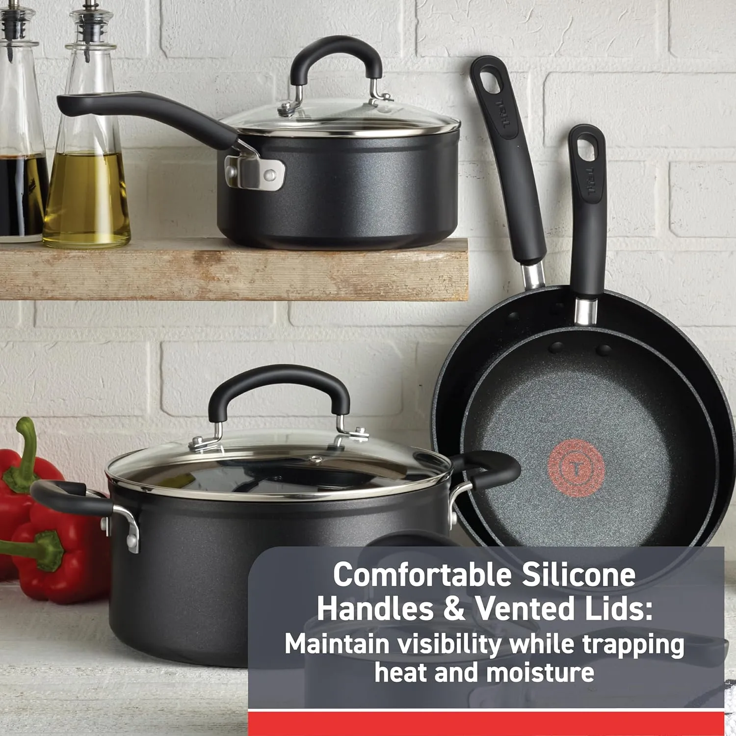 T-fal Advanced Nonstick Cookware Set 12 Piece, Oven Broiler Safe 350F, Kitchen Cooking Set W/Fry Pans, Saucepans, Deep Saute, Dutch Oven & Kitchen Utensils, Pots and Pans, Dishwasher Safe, Black