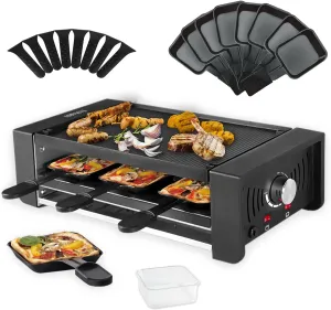 TAMARIT Raclette Party Grill Portable Indoor Electric Korean BBQ Grill 2 in 1 Raclette Table Grill with Ceramic Nonstick Coating Grill Plate 4 Pizza Pans 8 Cheese Trays Upper & Lower Heater,PFAS-No