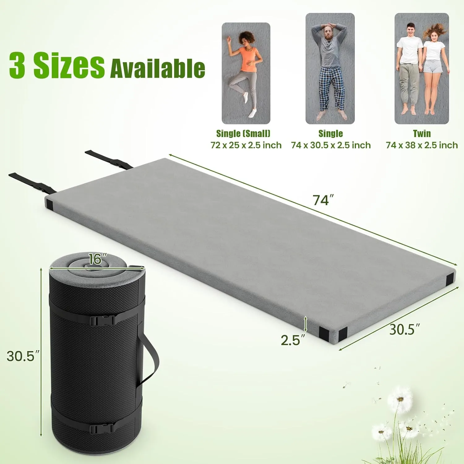 Tangkula Memory Foam Sleeping Pad, Roll Up Floor Mattress with Carry Bag, Non-Slip Bottom, Guest Floor Folding Bed for Sleepover, Portable Camping Mattress for Indoor Outdoor Car Travel Cot Tent