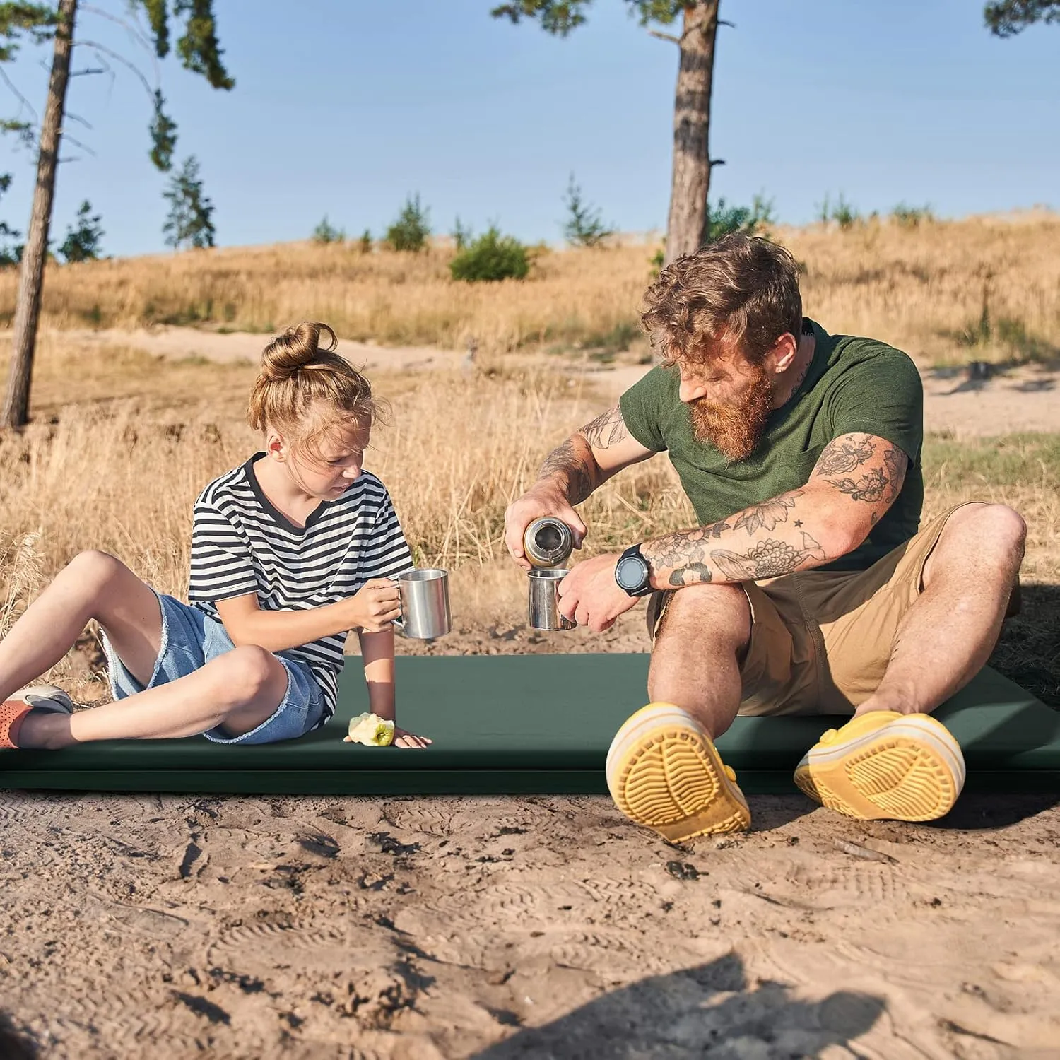 Tangkula Self Inflating Sleeping Pad, 3 Inch Inflatable Camping Mattress Pad with 9.5R Value, Insulated Foam Camping Mat with Pillow, Lightweight Camp Sleep Pad for Backpacking, Car, Tent