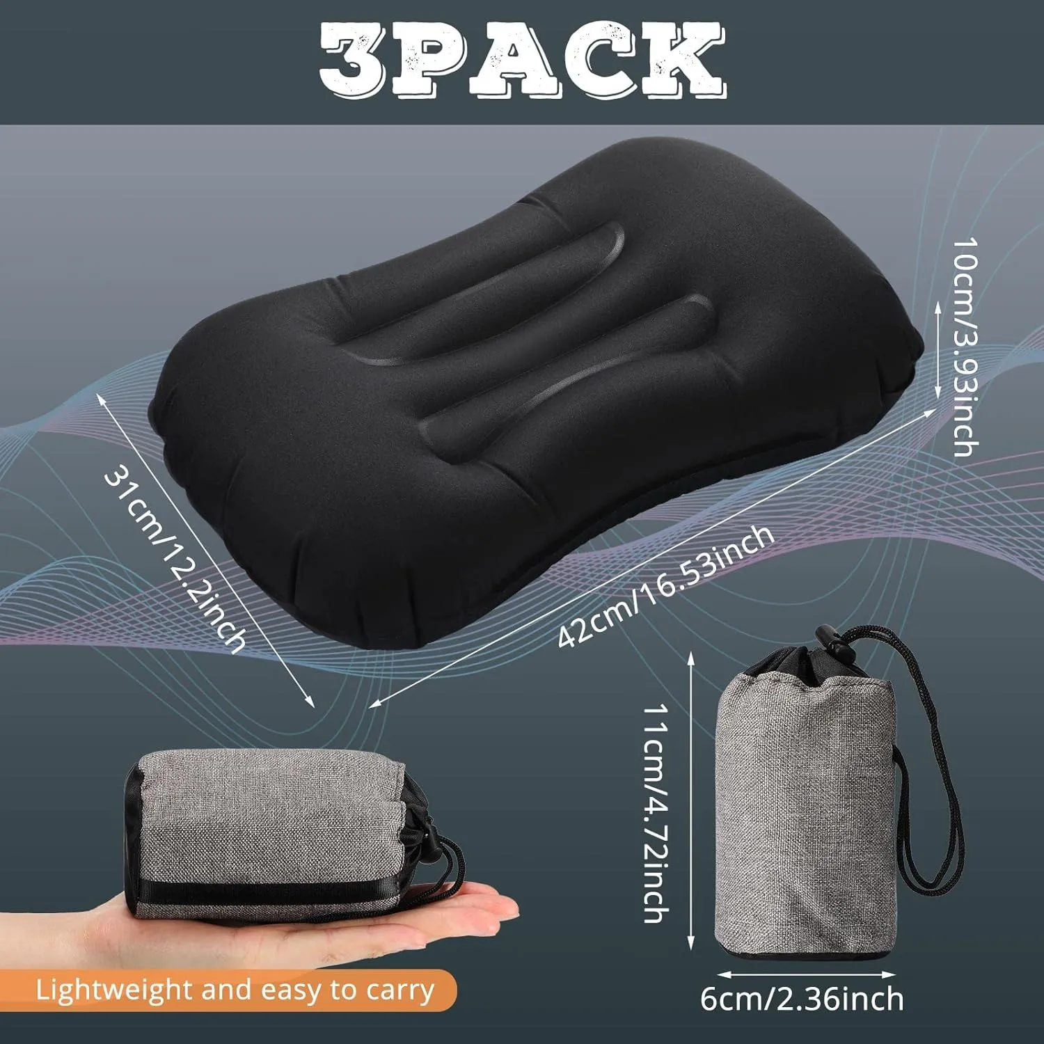 Tatuo 3 Pcs Inflatable Camping Travel Pillow Ultralight Inflating Pillows Lightweight Camping Pillow Portable Backpacking Pillow for Neck Lumbar Support Hiking Sleeping Camping (Black)