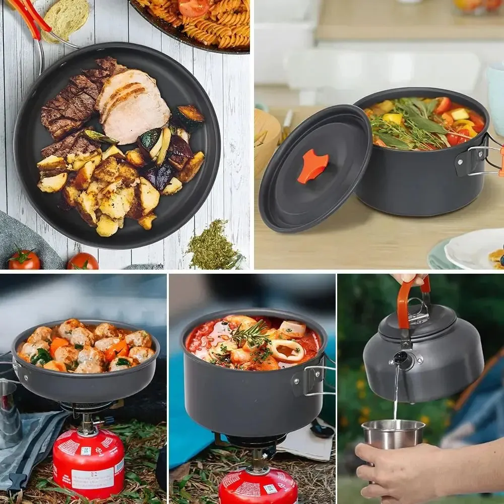Teapot Combination Camping Tableware Frying Pan Heat-resistant Outdoor Cookware Set with Mesh Bag Folding Picnic Pot Set