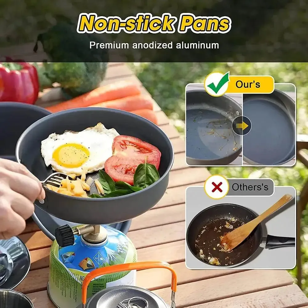 Teapot Combination Camping Tableware Frying Pan Heat-resistant Outdoor Cookware Set with Mesh Bag Folding Picnic Pot Set