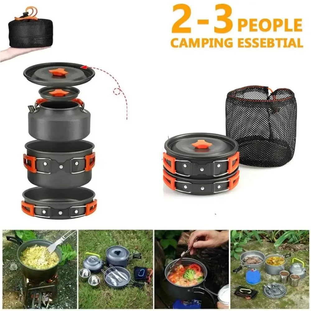Teapot Combination Camping Tableware Frying Pan Heat-resistant Outdoor Cookware Set with Mesh Bag Folding Picnic Pot Set