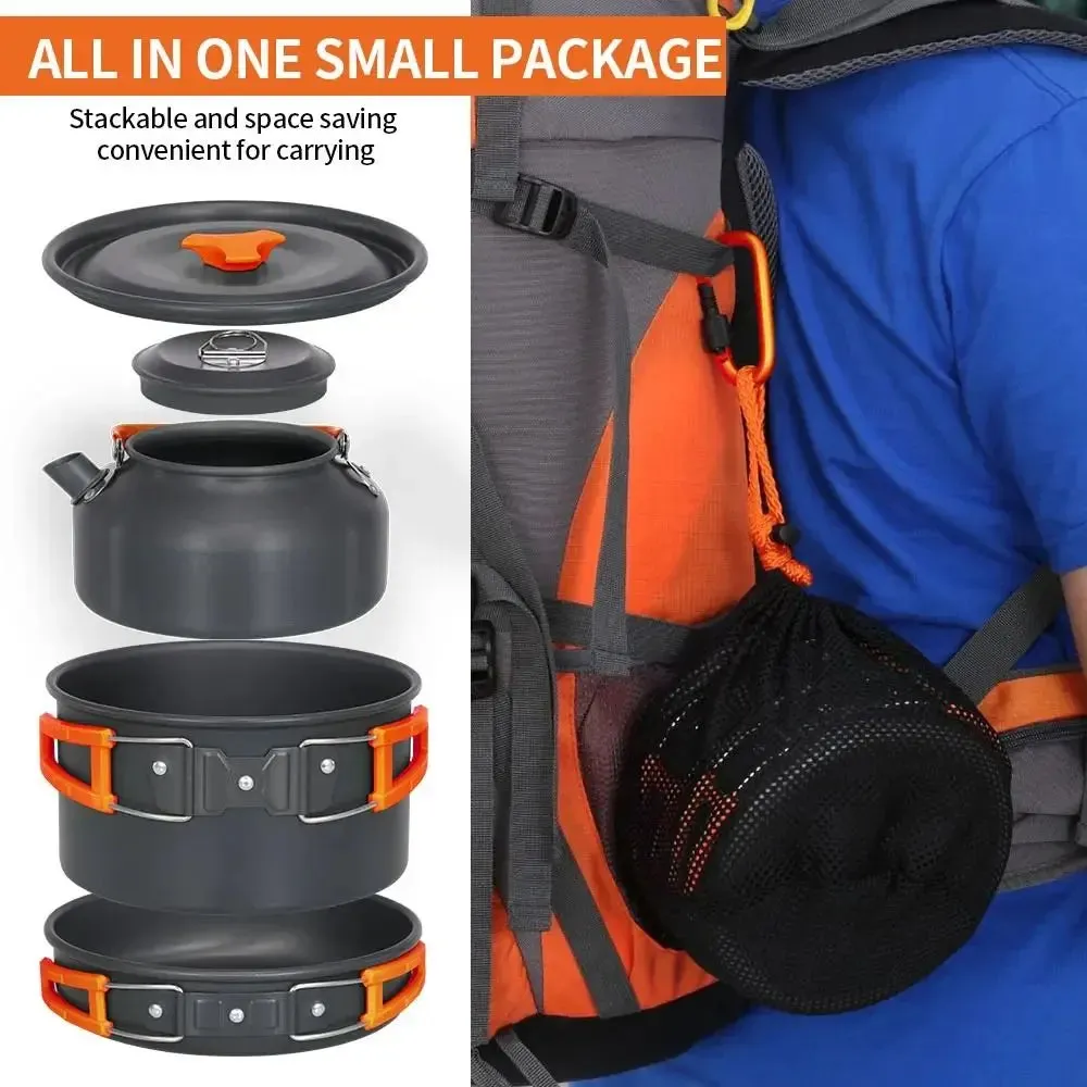Teapot Combination Camping Tableware Frying Pan Heat-resistant Outdoor Cookware Set with Mesh Bag Folding Picnic Pot Set
