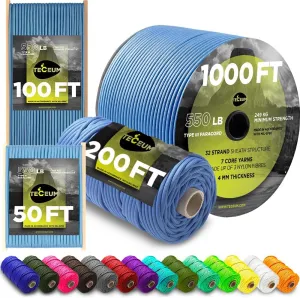 TECEUM 5/32" Paracord Rope 1000 – 1000ft / 200ft / 100ft / 50ft – Tactical Parachute Cord 4mm – 45  Colors – Nylon String for Survival & Camping Gear – Stripe Cord for Survival – Utility Rope