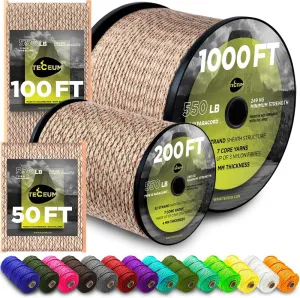 TECEUM 5/32" Paracord Rope 1000 – 1000ft / 200ft / 100ft / 50ft – Tactical Parachute Cord 4mm – 45  Colors – Nylon String for Survival & Camping Gear – Stripe Cord for Survival – Utility Rope