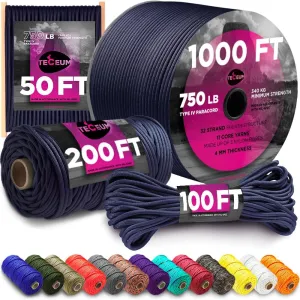 TECEUM Paracord Type IV 750 lb Navy Blue – 200 ft – 4mm – Nylon Strong Tactical MIL–SPEC Parachute Cord – Survival Rope Emergency para Cord 11 Strands Core EDC Camping Hiking Military Gear 038а