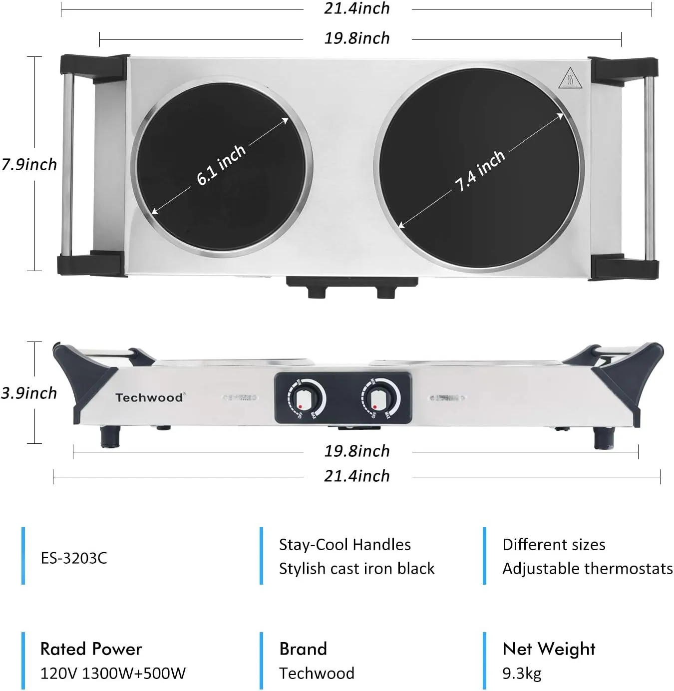 Techwood Electric Stove, Double Infrared Ceramic Hot Plates for Cooking, Two Control Cooktop Burner, Portable Anti-scald handles Suitable for Office/Home/Camp Use, 1800W Compatible for All Cookwares