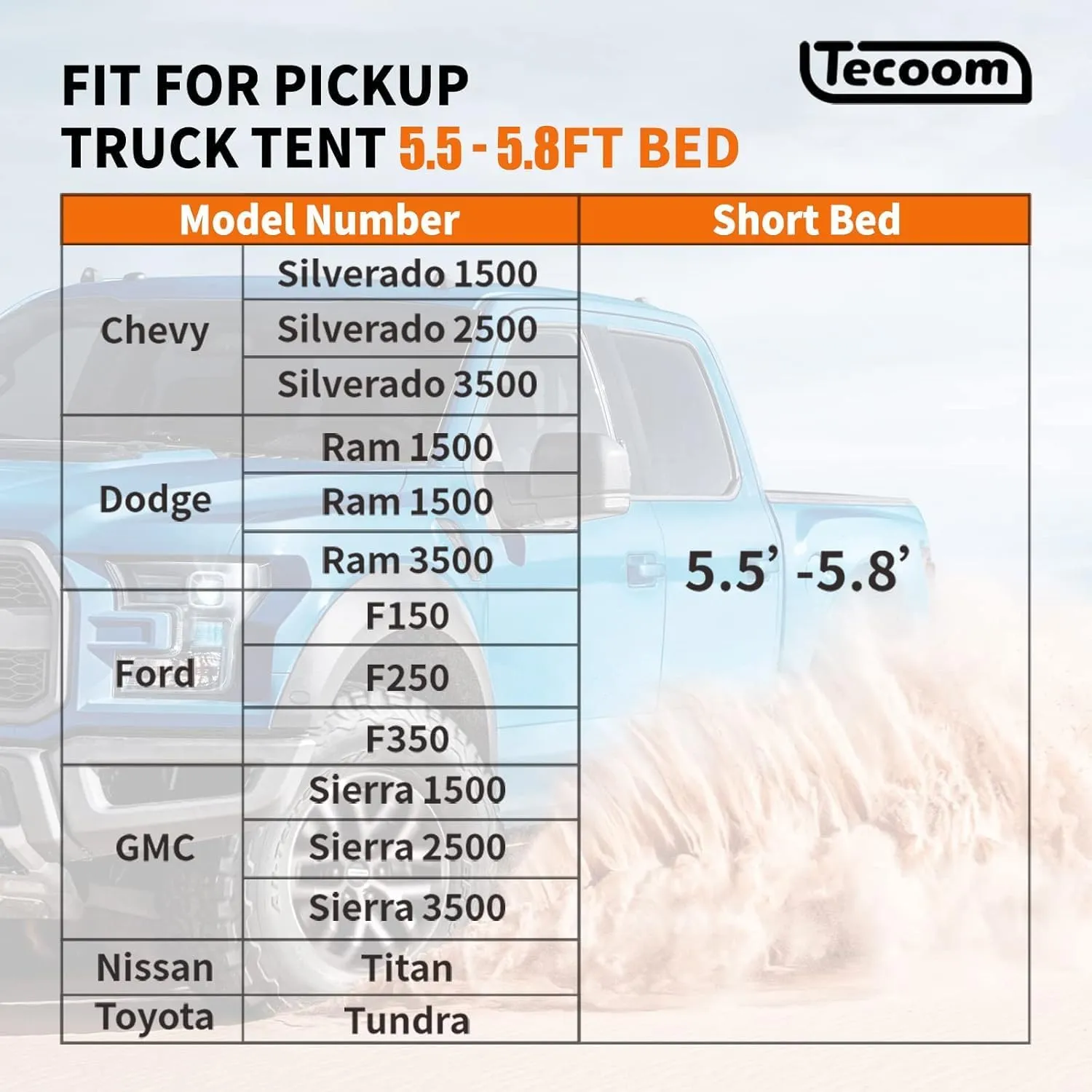 Tecoom Truck Tent Waterproof PU3000mm Double Layer for 5.5-5.8ft Pickup Bed, Portable 2 Person Compact Full Size Bed for Back of Truck Camping Beach Tent with Rain Fly
