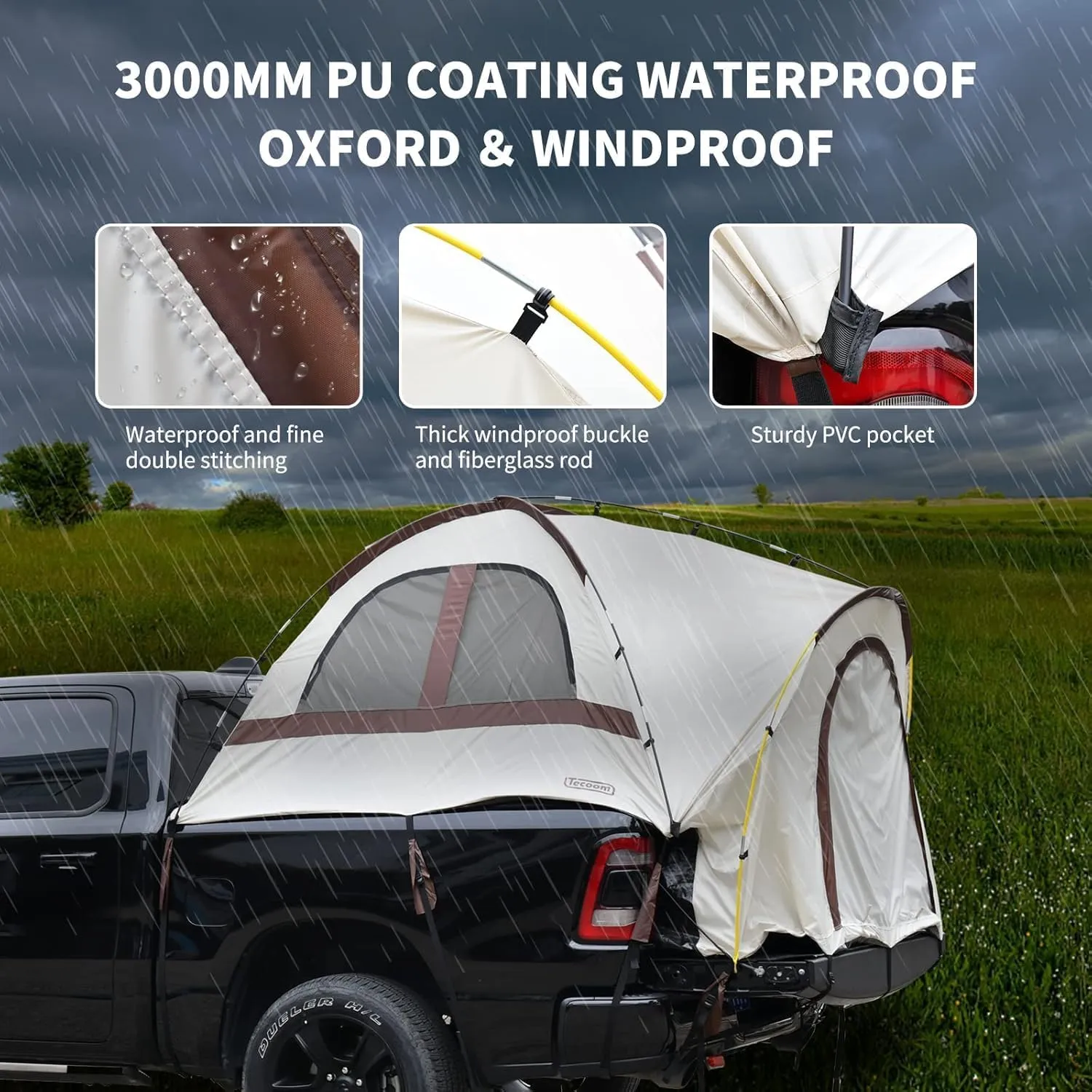 Tecoom Truck Tent Waterproof PU3000mm Double Layer for 5.5-5.8ft Pickup Bed, Portable 2 Person Compact Full Size Bed for Back of Truck Camping Beach Tent with Rain Fly
