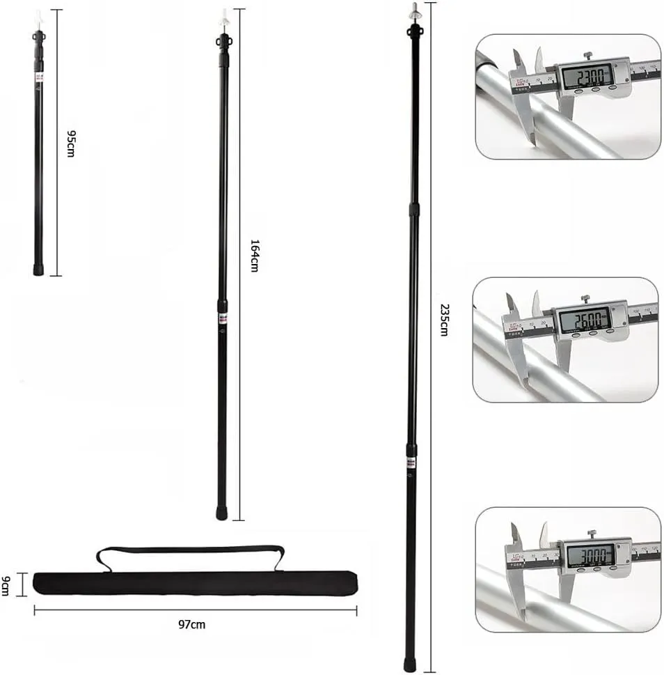 Telescopic Tarp Poles，Adjustable Tent Poles 2Pcs Telescopic Tent Poles 2.3m Adjustable Aluminum Awning Poles Canopy Poles, for Camping Tent Tarp Shelter Awning Canopy(Black)