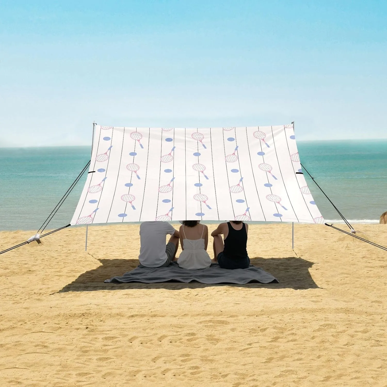 Tennis Doodle Seamless Pattern Beach Camping Tent Sun Shelter for Whole Family, Beach Shade Canopy with UPF50  UV Protection,Easy Set Up and Carry,Outdoor Shade for Trips, Fishing, Backyard Fun