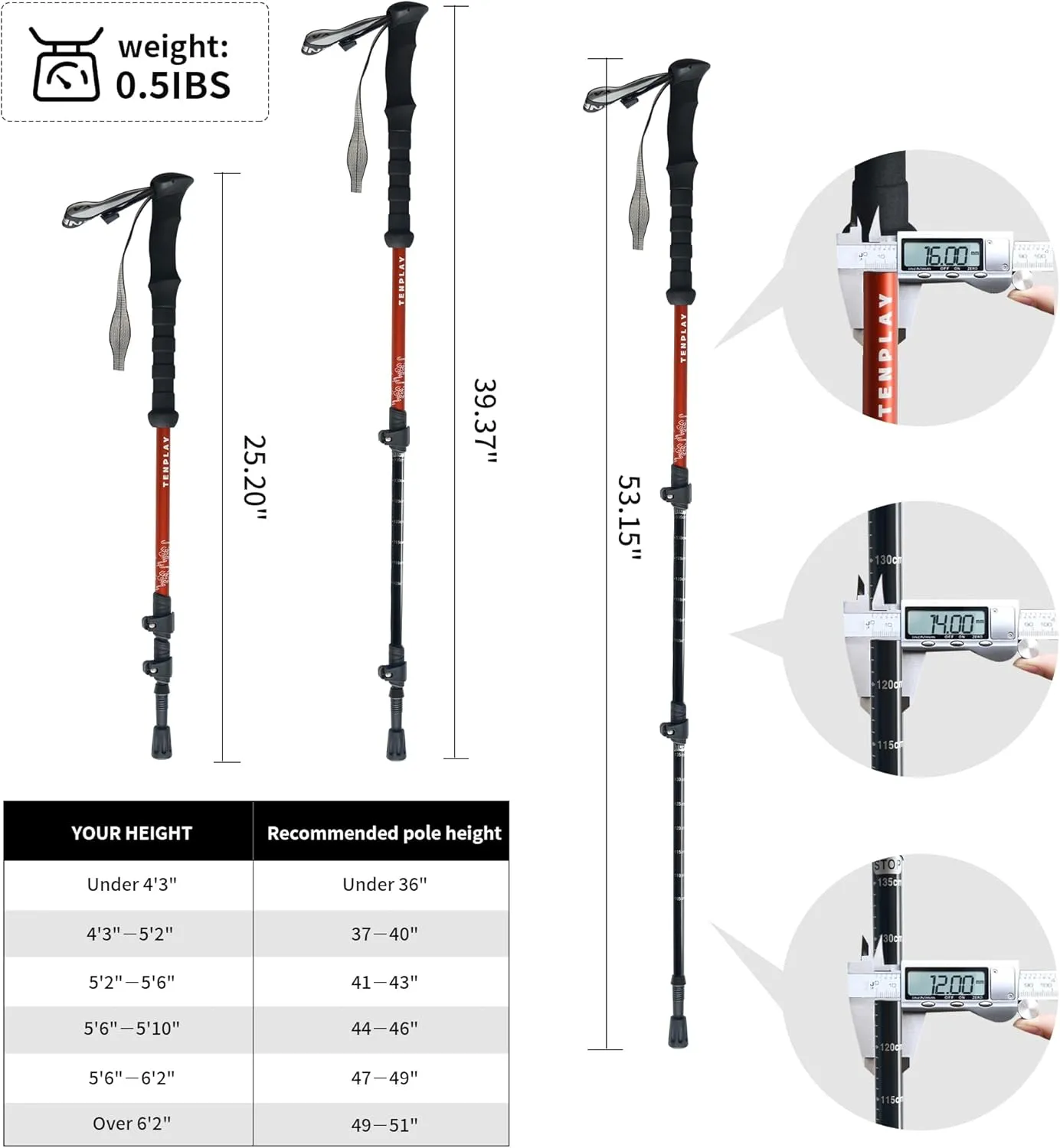 TENPLAY Trekking Pole 7075 Aluminium,EVA Anti-Slip Grips,Quick Lever Lock,3 Section Collapsible,135cm/53.15" Lightweight 0.5lbs,Poles for Hiking Mountaineering Backpacking,Walking,Trekking.