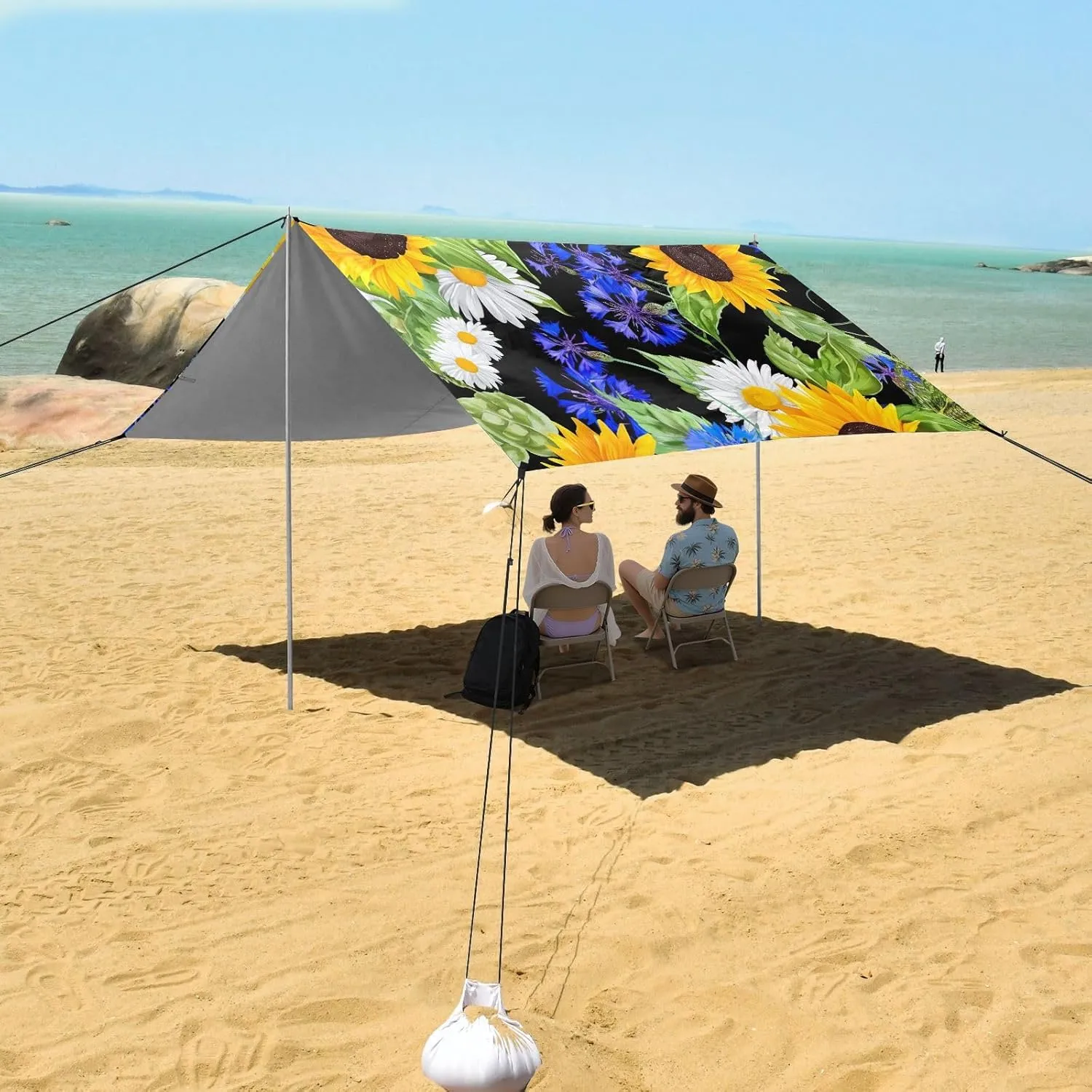 Tent Beach Canopy Bright Sunflowers Daisies Black Patio Sun Shade Outdoor 9.2 × 10.5 FT Decorative Camping Sun Shelter Windproof with Sand Bags Poles