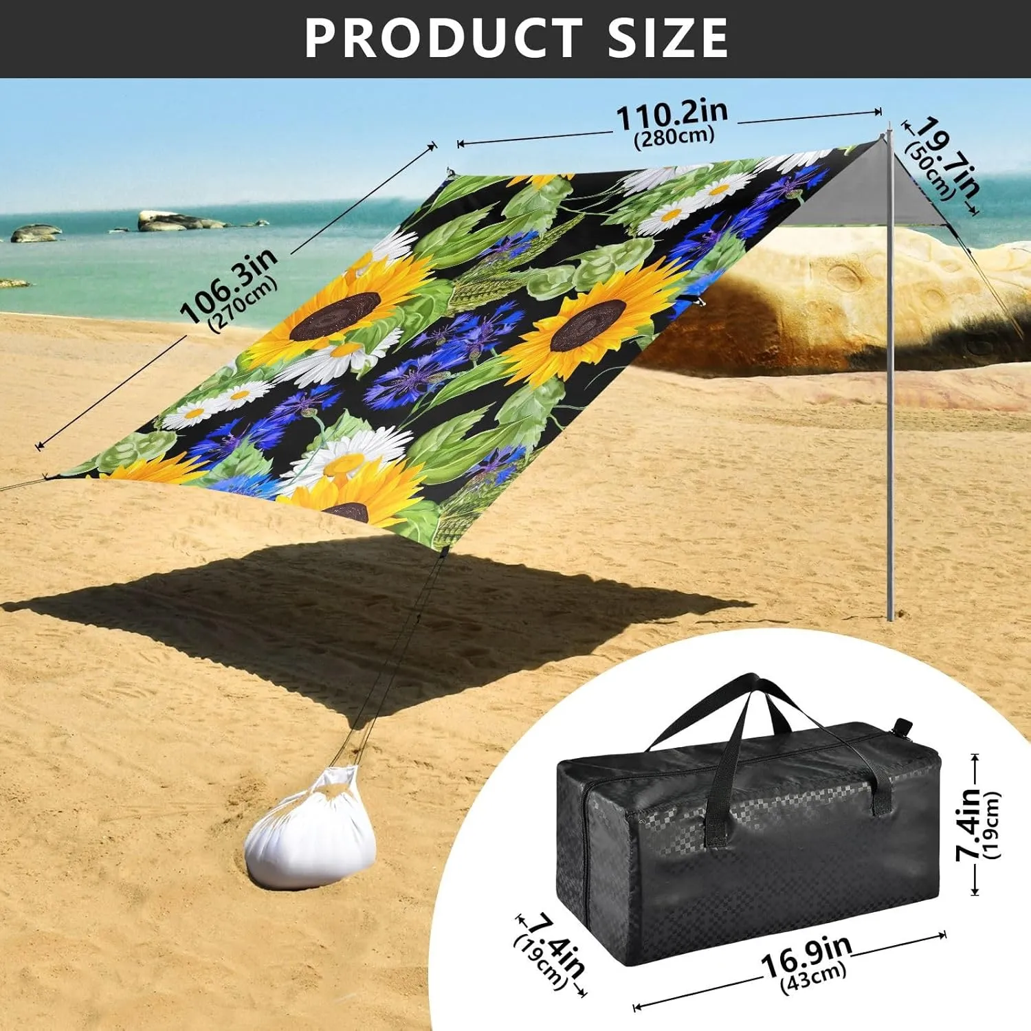Tent Beach Canopy Bright Sunflowers Daisies Black Patio Sun Shade Outdoor 9.2 × 10.5 FT Decorative Camping Sun Shelter Windproof with Sand Bags Poles