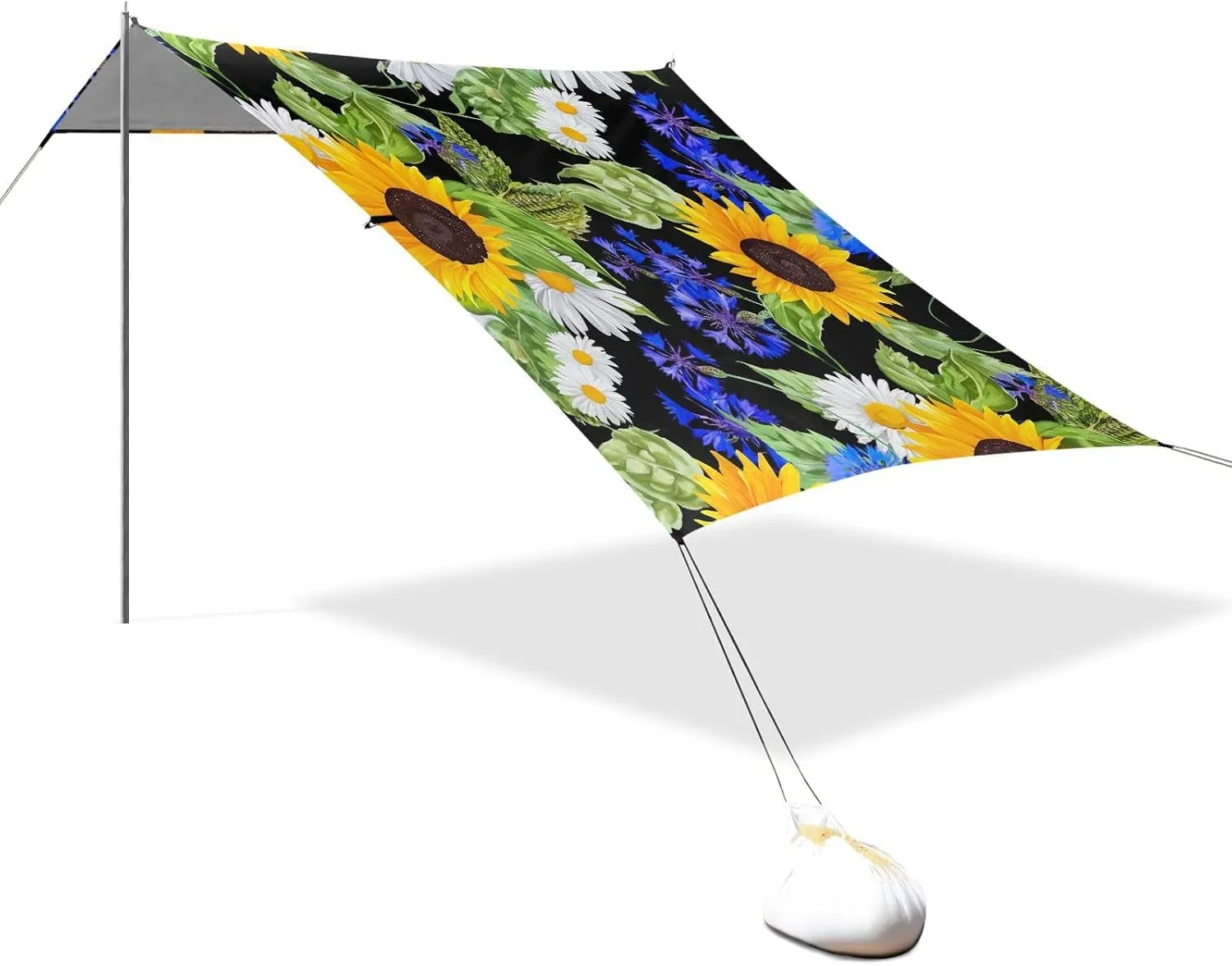 Tent Beach Canopy Bright Sunflowers Daisies Black Patio Sun Shade Outdoor 9.2 × 10.5 FT Decorative Camping Sun Shelter Windproof with Sand Bags Poles