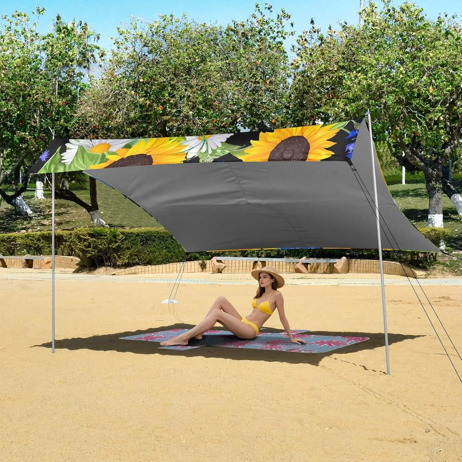 Tent Beach Canopy Bright Sunflowers Daisies Black Patio Sun Shade Outdoor 9.2 × 10.5 FT Decorative Camping Sun Shelter Windproof with Sand Bags Poles