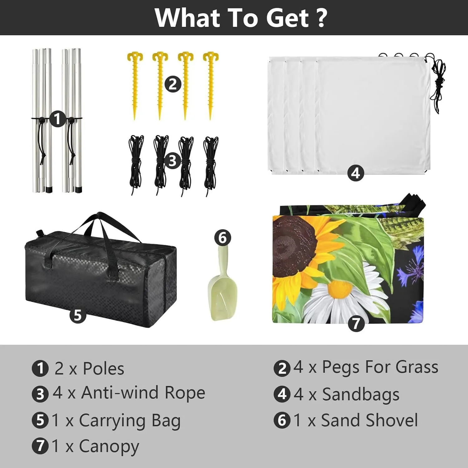 Tent Beach Canopy Bright Sunflowers Daisies Black Patio Sun Shade Outdoor 9.2 × 10.5 FT Decorative Camping Sun Shelter Windproof with Sand Bags Poles