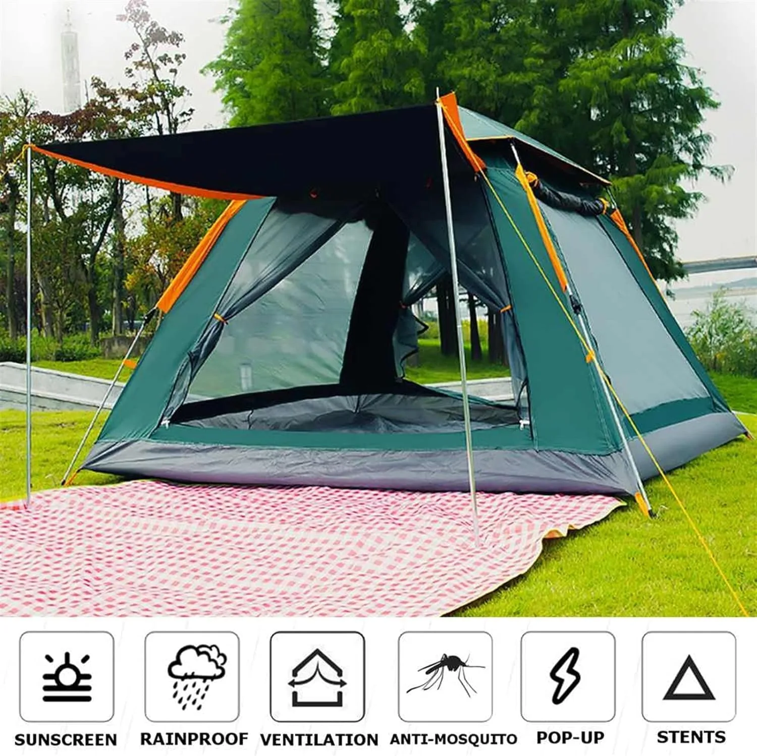 Tents Camping Tent Open Beach Tent Outdoor Camping 6-7 Person Windproof Double Layer Waterproof (5 8 Green)