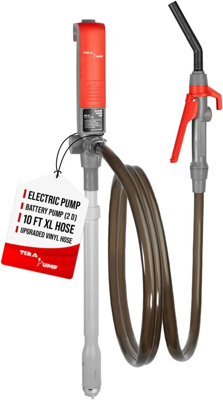 TERA PUMP Fuel Transfer Pump w/Flow Control Nozzle & Telescopic Tube - 3X Powerful D Battery Powered, 10FT XL Long Vinyl Discharge Hose, Multipurpose Portable Battery Pump For Gas, Diesel (2.3 GPM)