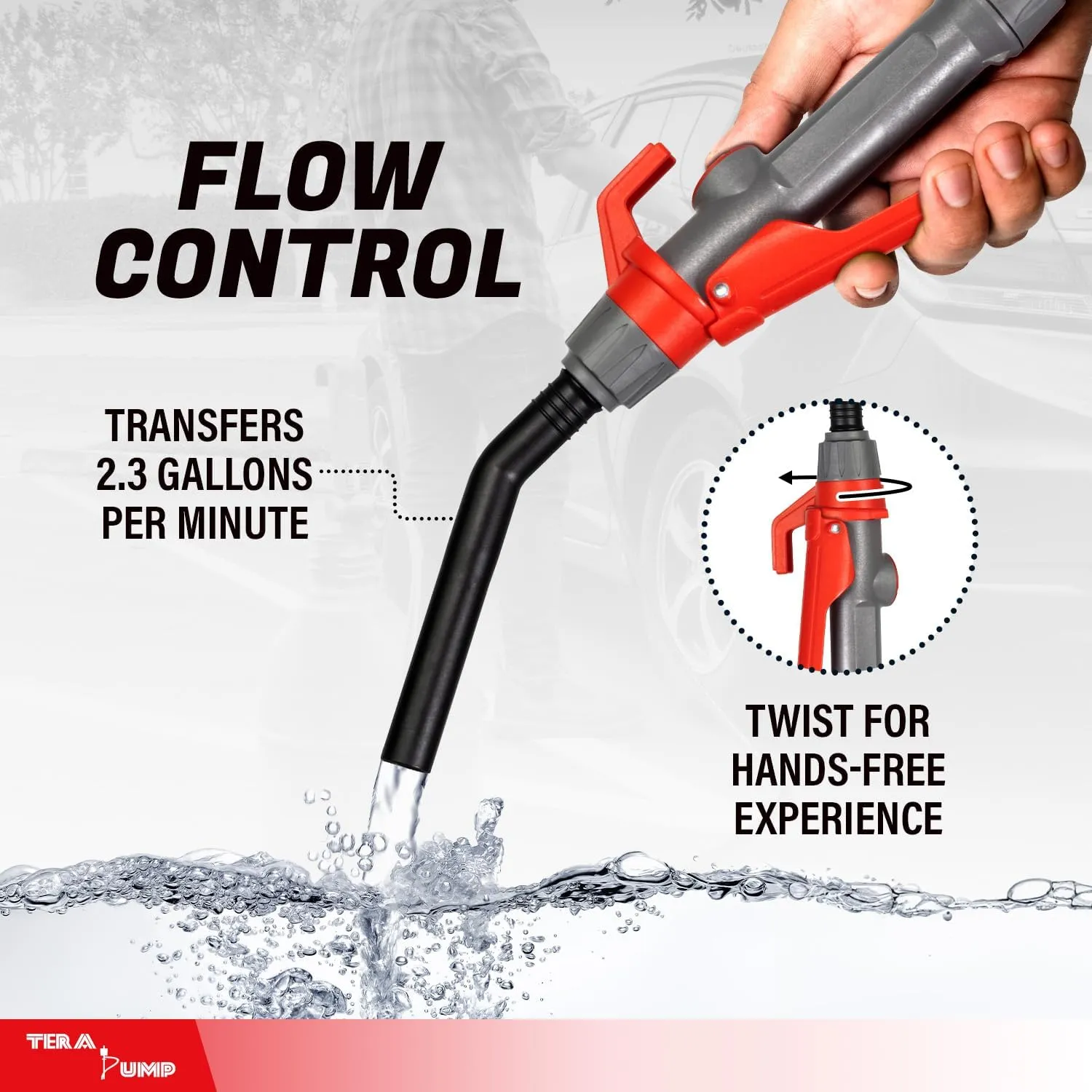 TERA PUMP Fuel Transfer Pump w/Flow Control Nozzle & Telescopic Tube - 3X Powerful D Battery Powered, 10FT XL Long Vinyl Discharge Hose, Multipurpose Portable Battery Pump For Gas, Diesel (2.3 GPM)
