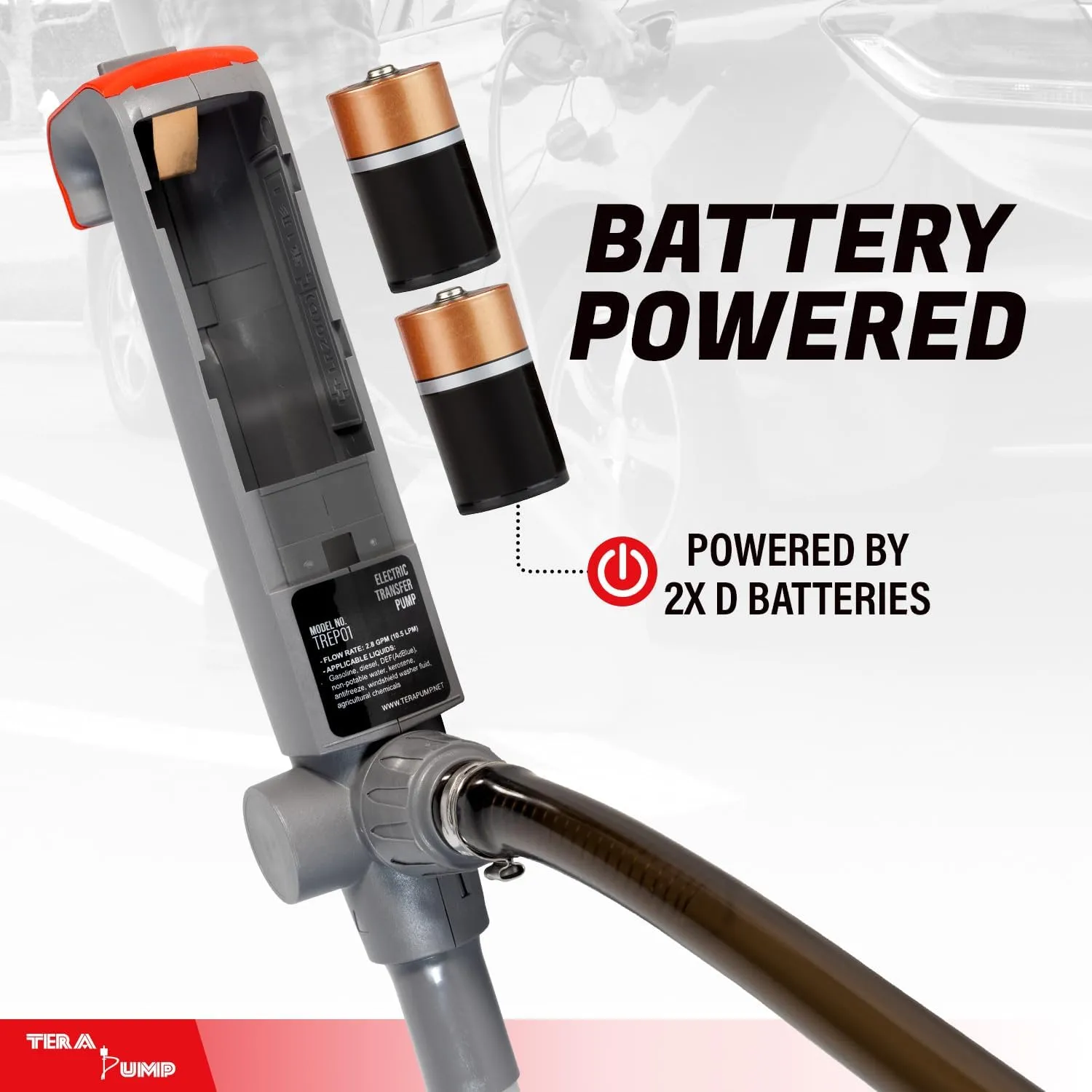TERA PUMP Fuel Transfer Pump w/Quick Flow Control Nozzle - 3X Powerful D Battery Powered, 39" Upgraded Vinyl Discharge Hose, Multipurpose Portable Battery Pump For Gas, Diesel, Water (2.8 GPM)