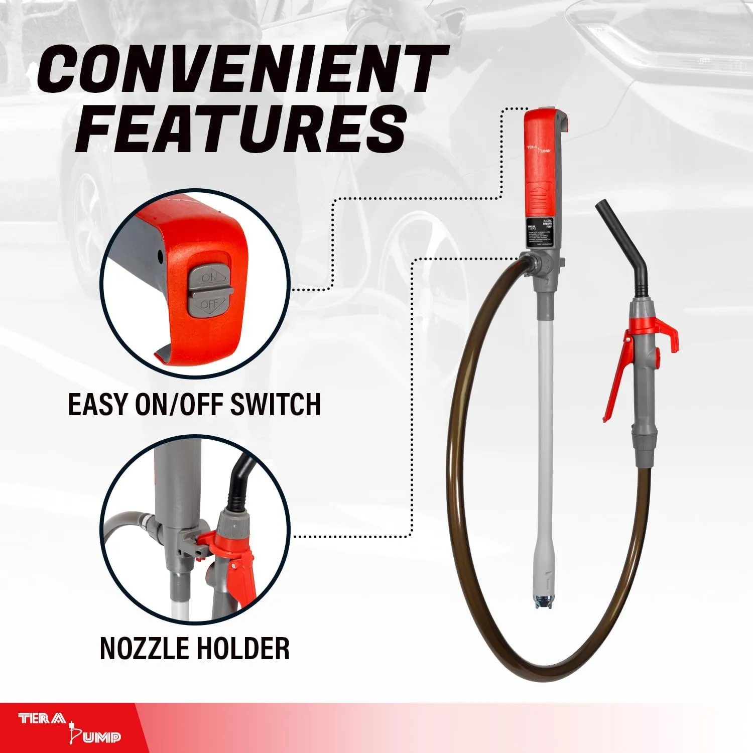 TERA PUMP Fuel Transfer Pump w/Quick Flow Control Nozzle - 3X Powerful D Battery Powered, 39" Upgraded Vinyl Discharge Hose, Multipurpose Portable Battery Pump For Gas, Diesel, Water (2.8 GPM)