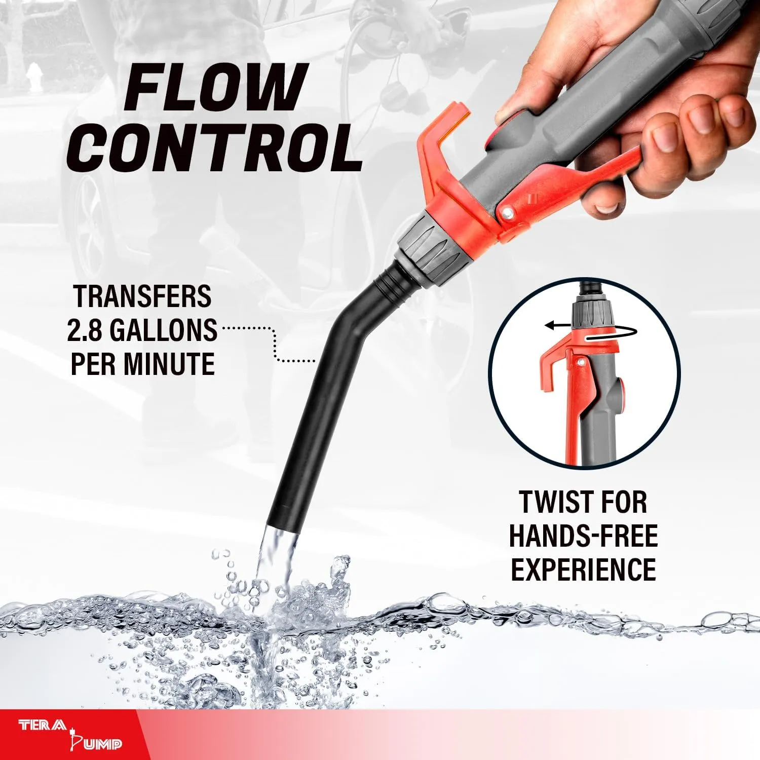 TERA PUMP Fuel Transfer Pump w/Quick Flow Control Nozzle - 3X Powerful D Battery Powered, 39" Upgraded Vinyl Discharge Hose, Multipurpose Portable Battery Pump For Gas, Diesel, Water (2.8 GPM)