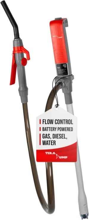 TERA PUMP Fuel Transfer Pump w/Quick Flow Control Nozzle - 3X Powerful D Battery Powered, 39" Upgraded Vinyl Discharge Hose, Multipurpose Portable Battery Pump For Gas, Diesel, Water (2.8 GPM)