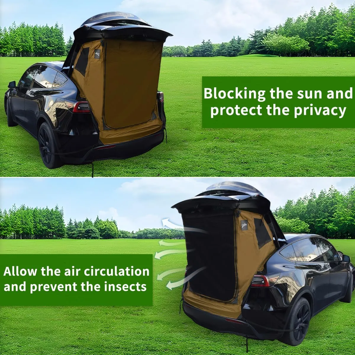 Tesla Model Y Trunk Camping Tent (2020-2025), Tailgate Tent for SUV with Enhanced Privacy & Ventilation,Compact Car Sun Shelter Waterproof 3000 MM UPF 50  (Brown)