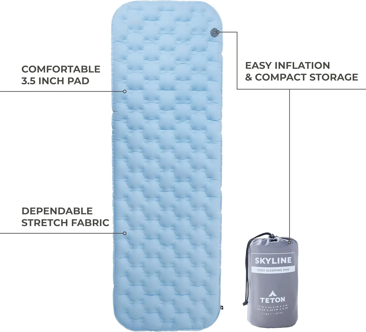 Teton Skyline Insulated Inflatable Sleeping Pad, Sleeping Mat for Camping, Backpacking, Hiking, Built for Comfort, Durability