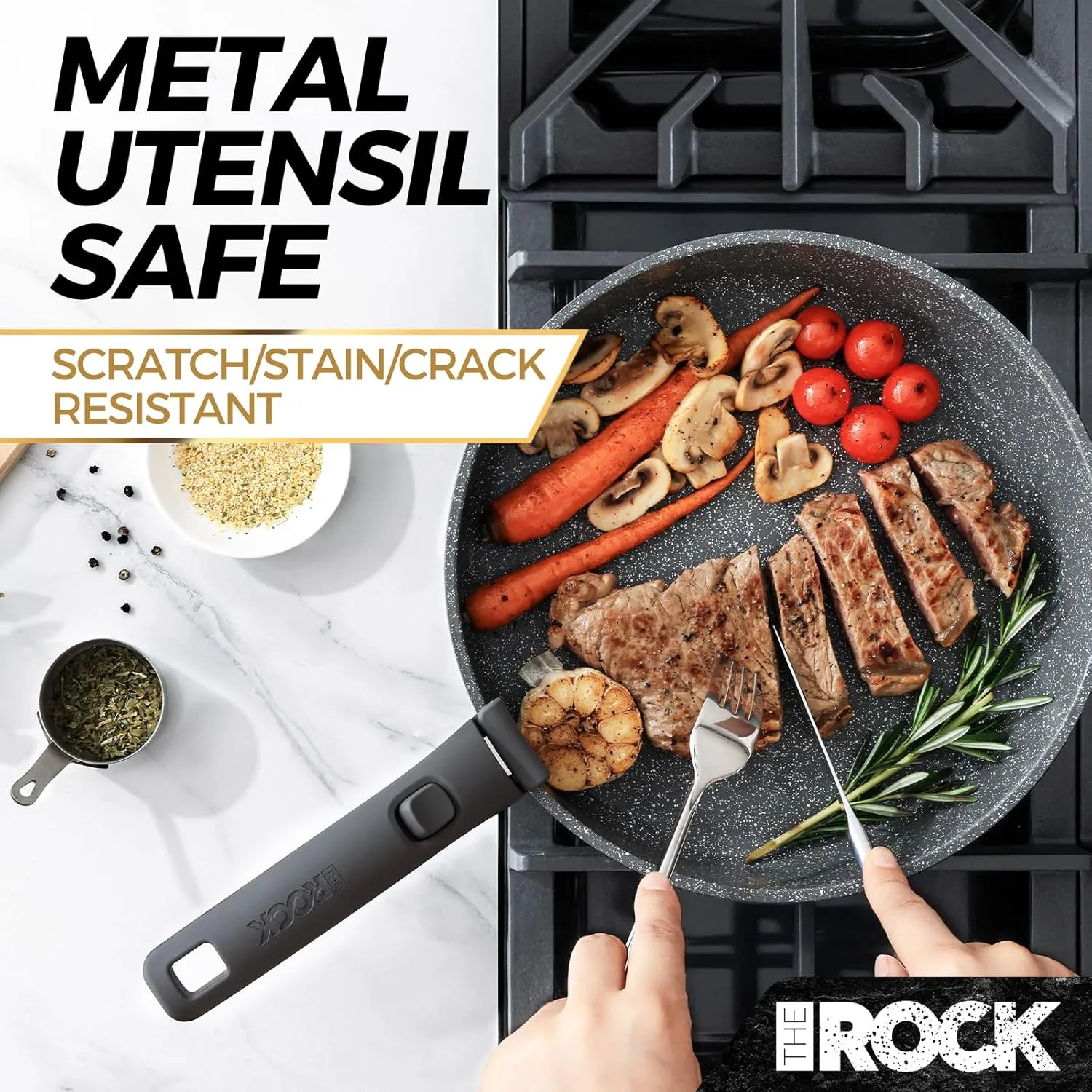 THE ROCK SMART SPACE Ceramic 16pc Nonstick Pots and Pans Set with ROCK.TEC, Cookware Set with Detachable Handles, Scratch/Stain/Crack Proof, Oven & Dishwasher Safe, PFAS & PFOA Free, Grey