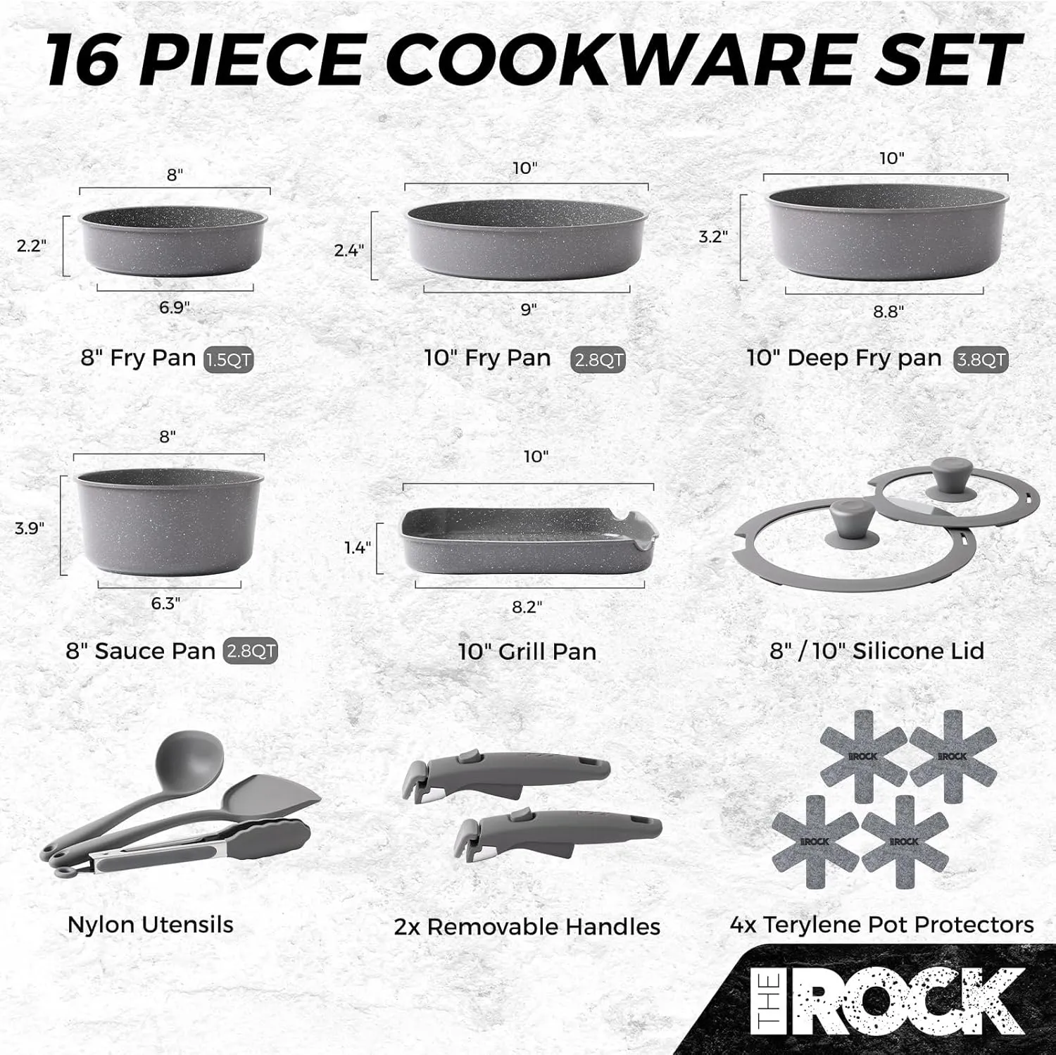 THE ROCK SMART SPACE Ceramic 16pc Nonstick Pots and Pans Set with ROCK.TEC, Cookware Set with Detachable Handles, Scratch/Stain/Crack Proof, Oven & Dishwasher Safe, PFAS & PFOA Free, Grey