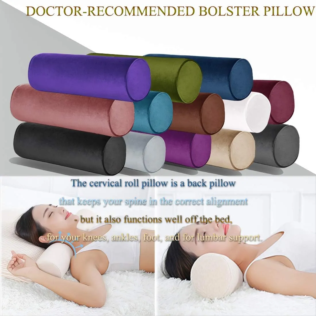 Tinbolunce Memory Foam Round Neck Pillow for Sleeping, Neck Pain Relief, Side Back Stomach Sleeper, Car or Office Chair Sofa,Cervical Bolster Length 24" x 6" Diameter (Black)
