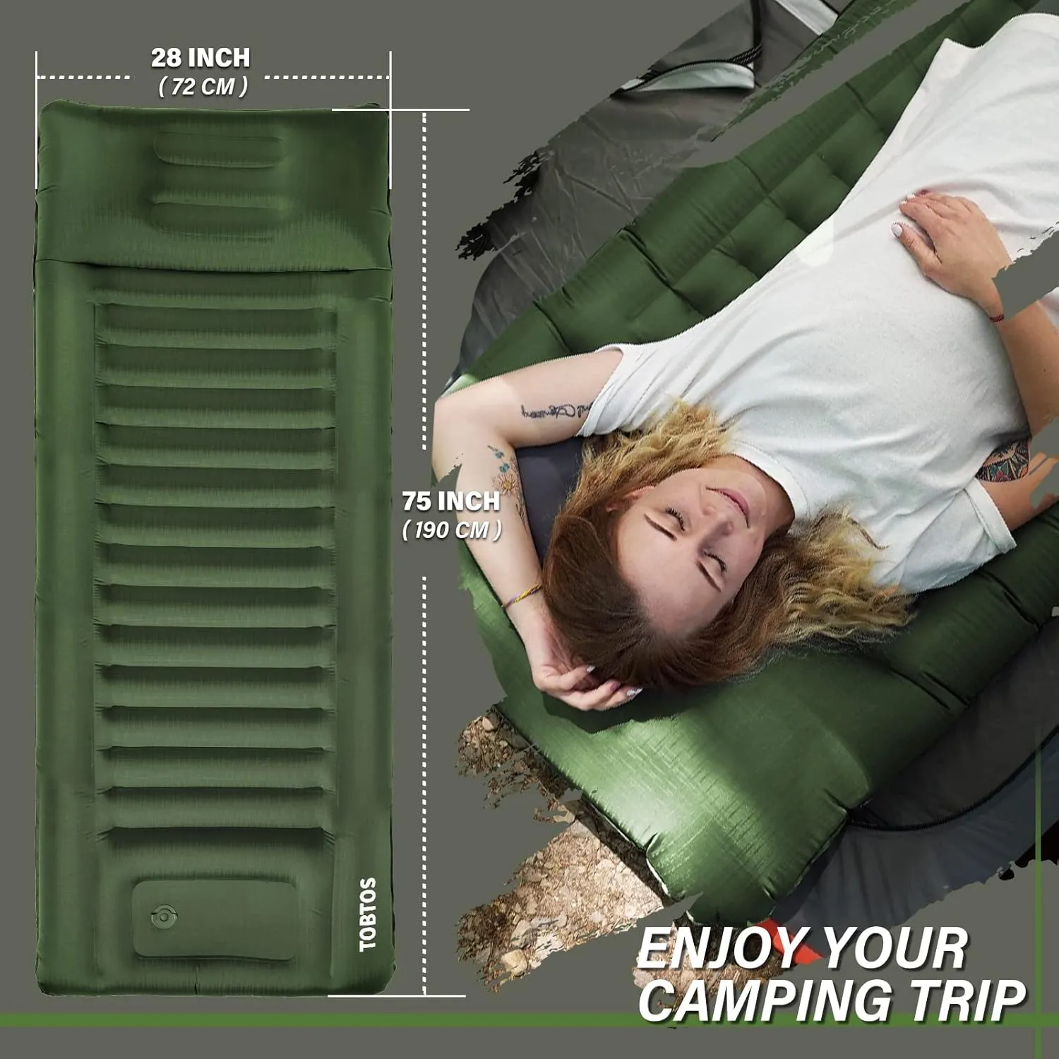 TOBTOS Inflatable Camping Sleeping Pad with Pillow, Thick 6 Inch Ultralight Sleeping Pad with Built-in Pump, Lightweight Sleeping Mat for Camping, Backpacking, Hiking, Tent (Green)