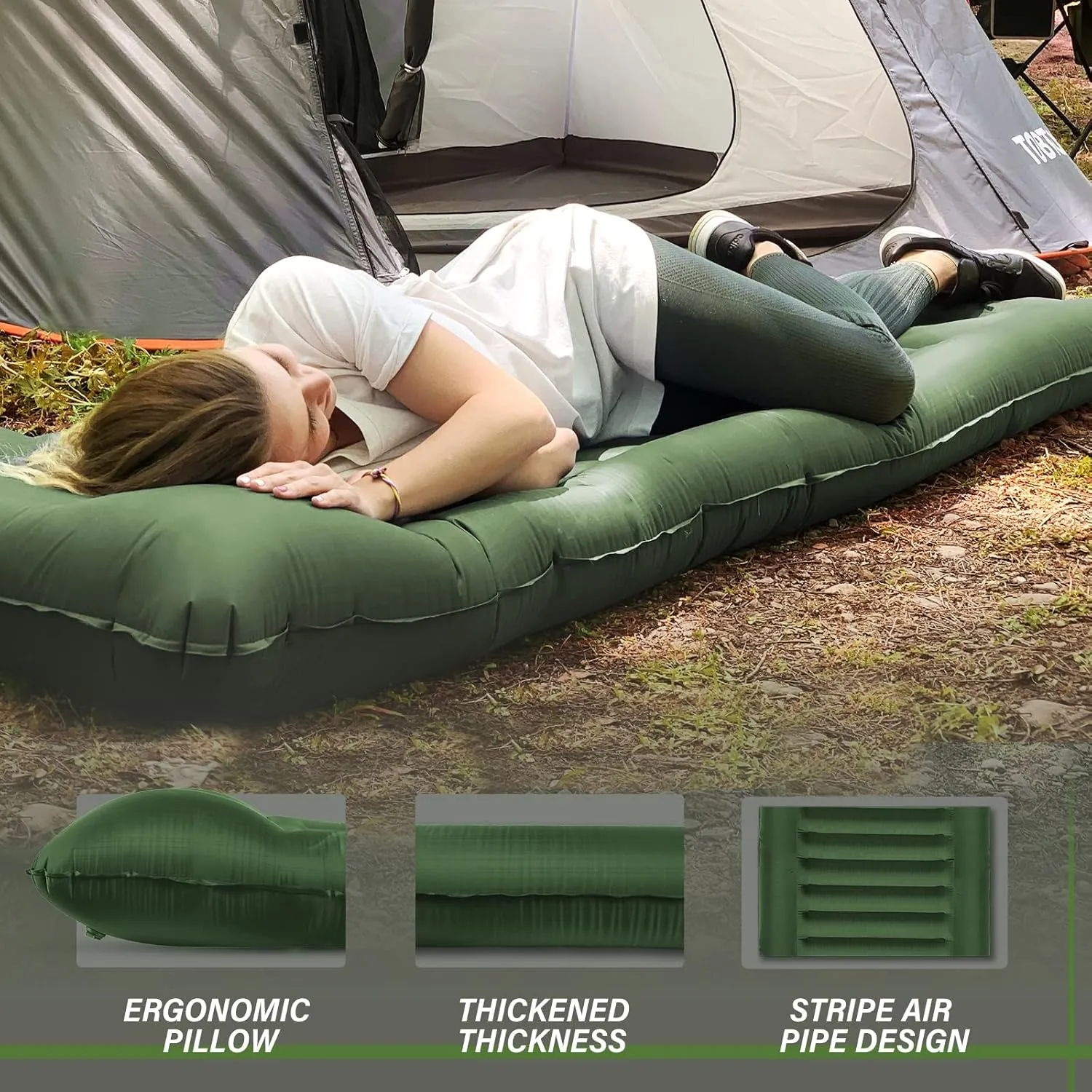 TOBTOS Inflatable Camping Sleeping Pad with Pillow, Thick 6 Inch Ultralight Sleeping Pad with Built-in Pump, Lightweight Sleeping Mat for Camping, Backpacking, Hiking, Tent (Green)