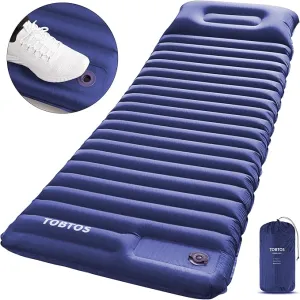 TOBTOS Inflatable Sleeping Pad for Camping with Pillow, 4" Thick Camping Mat with Built-in Foot Pump, Compact Air Mattress for Camping, Hiking, Backpacking (Blue)