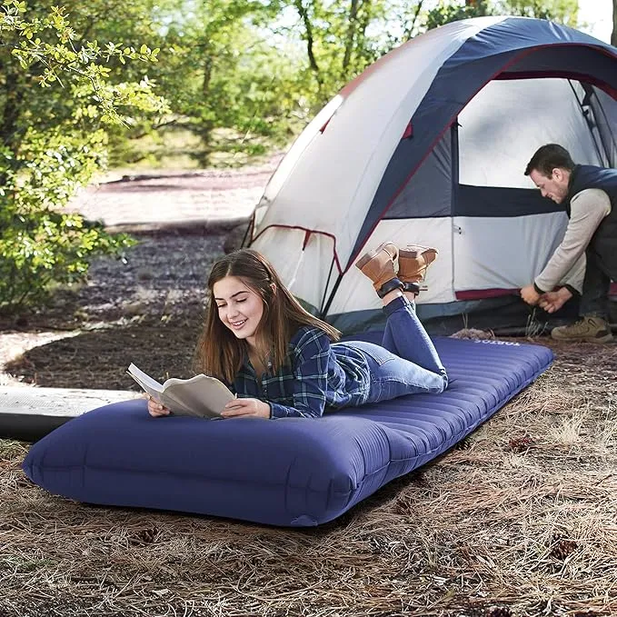 TOBTOS Inflatable Sleeping Pad for Camping with Pillow, 4" Thick Camping Mat with Built-in Foot Pump, Compact Air Mattress for Camping, Hiking, Backpacking (Blue)