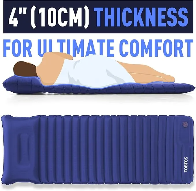 TOBTOS Inflatable Sleeping Pad for Camping with Pillow, 4" Thick Camping Mat with Built-in Foot Pump, Compact Air Mattress for Camping, Hiking, Backpacking (Blue)