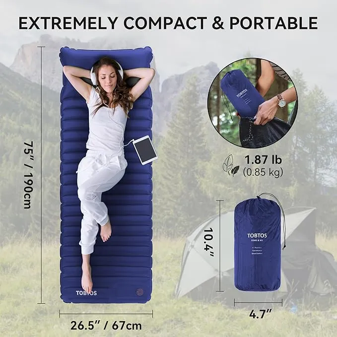 TOBTOS Inflatable Sleeping Pad for Camping with Pillow, 4" Thick Camping Mat with Built-in Foot Pump, Compact Air Mattress for Camping, Hiking, Backpacking (Blue)